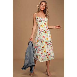 Lulus Blooming Beauty White Floral Print Cowl Neck Midi Dress - Size XL